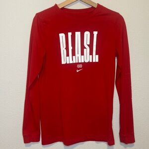Nike Boys Graphic Print Red/White BEAST Dri-Fit Long Sleeve Shirt Sz YXL